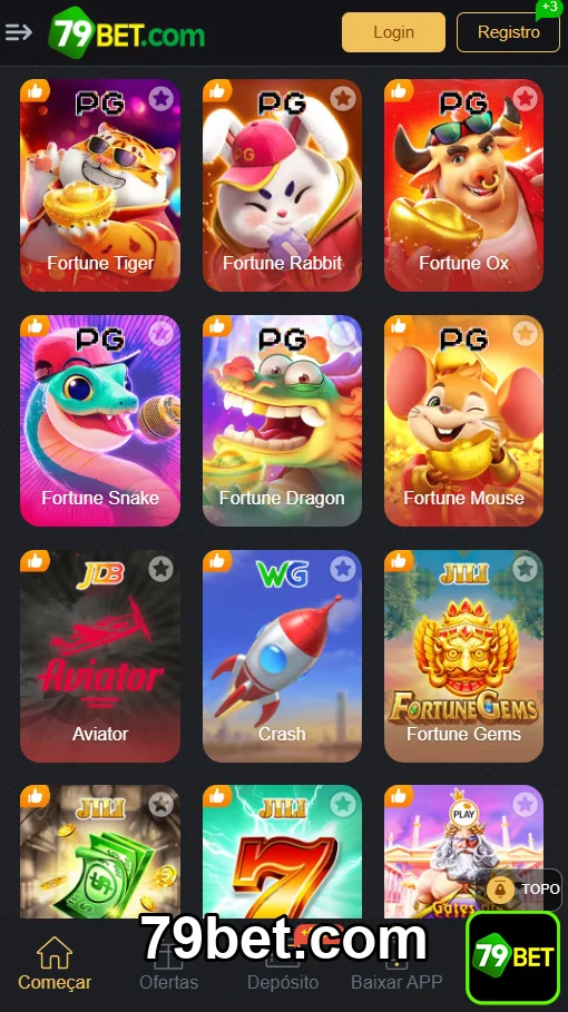 Interface de slots populares em dispositivo móvel